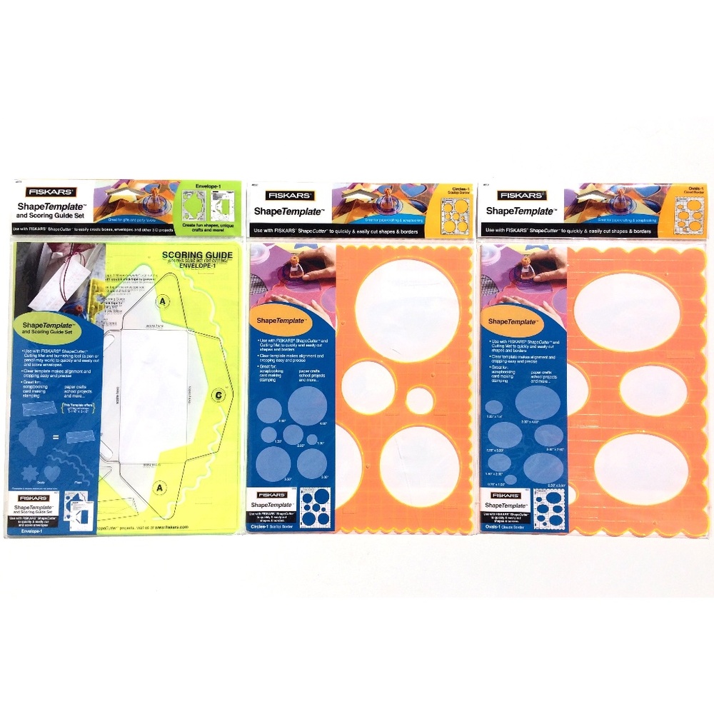 Lot of 3 NEW Fiskars Shape Templates Envelope Circles Ovals Scallop Cloud border